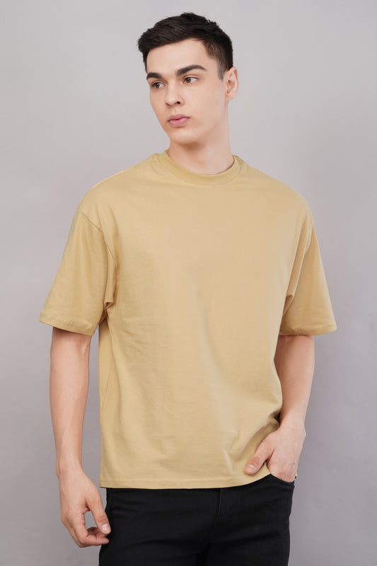 Premium Beige Oversized T-Shirt side view - Corcotton India