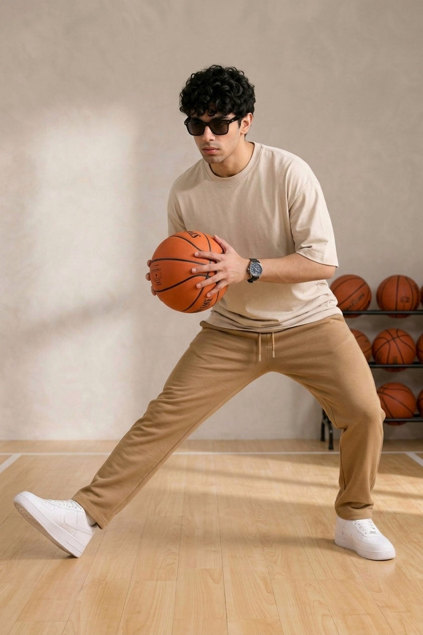 Premium Camel Relaxed Fit Jogger action pose - Corcotton India
