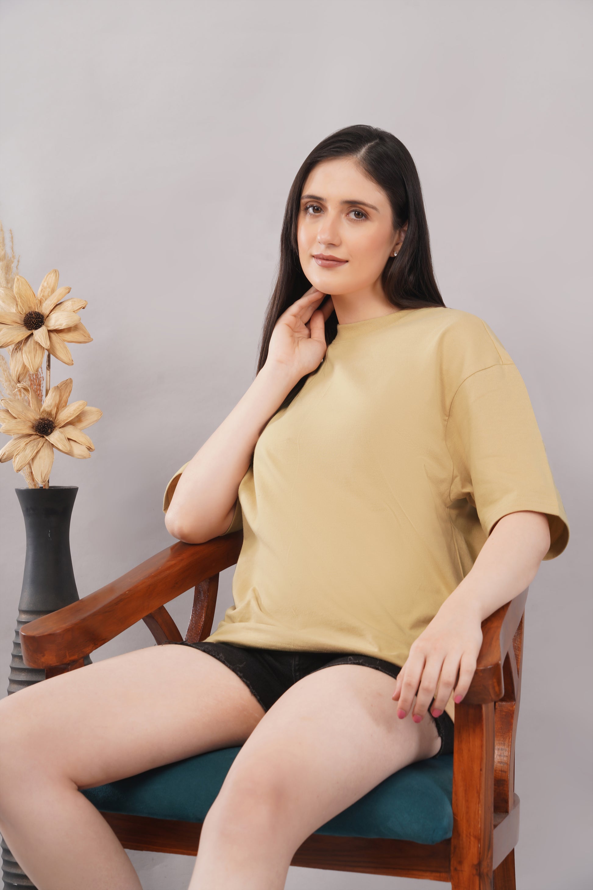 Women's Beige Oversized T-Shirt full body - Corcotton India