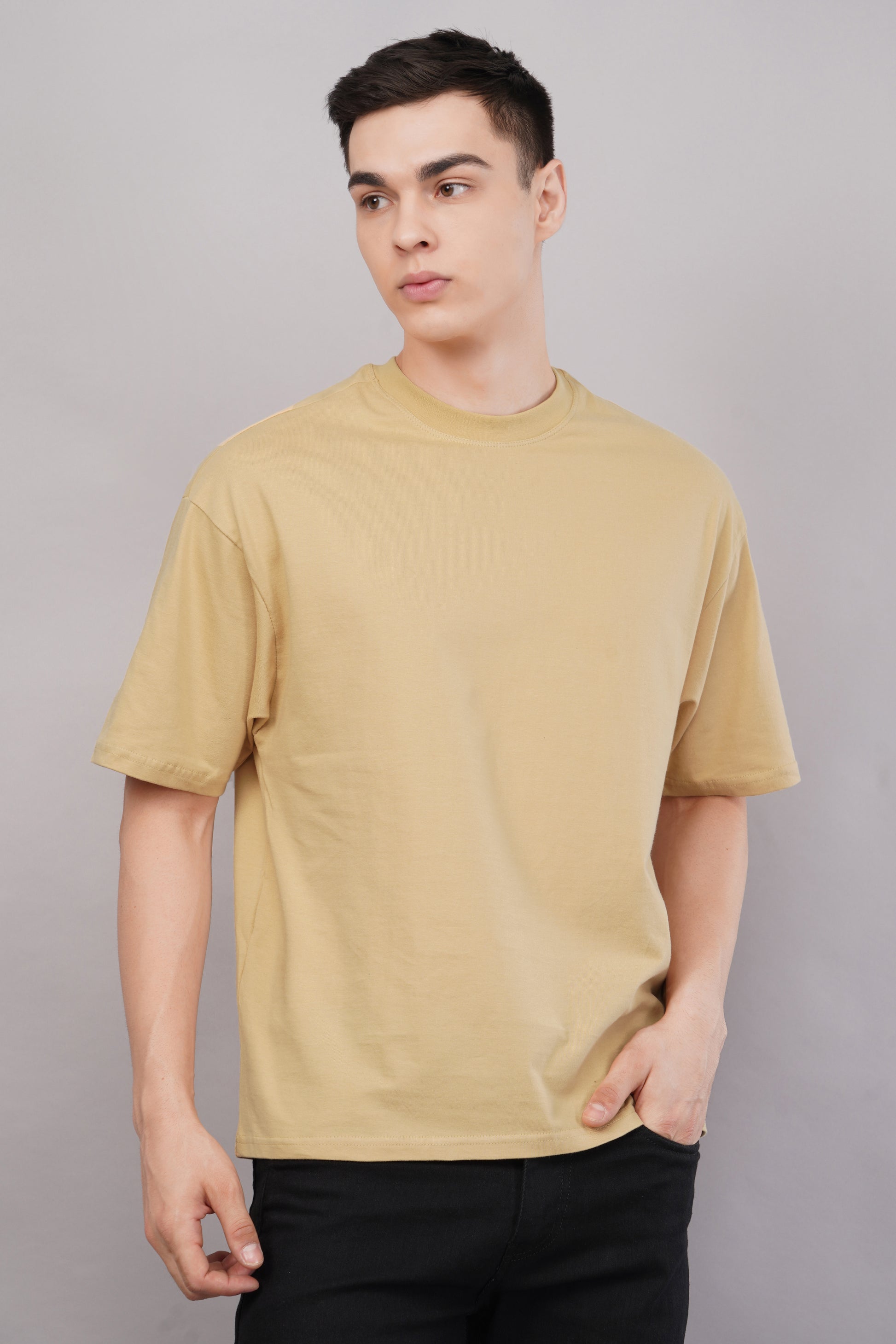 Premium Beige Oversized T-Shirt side view - Corcotton India