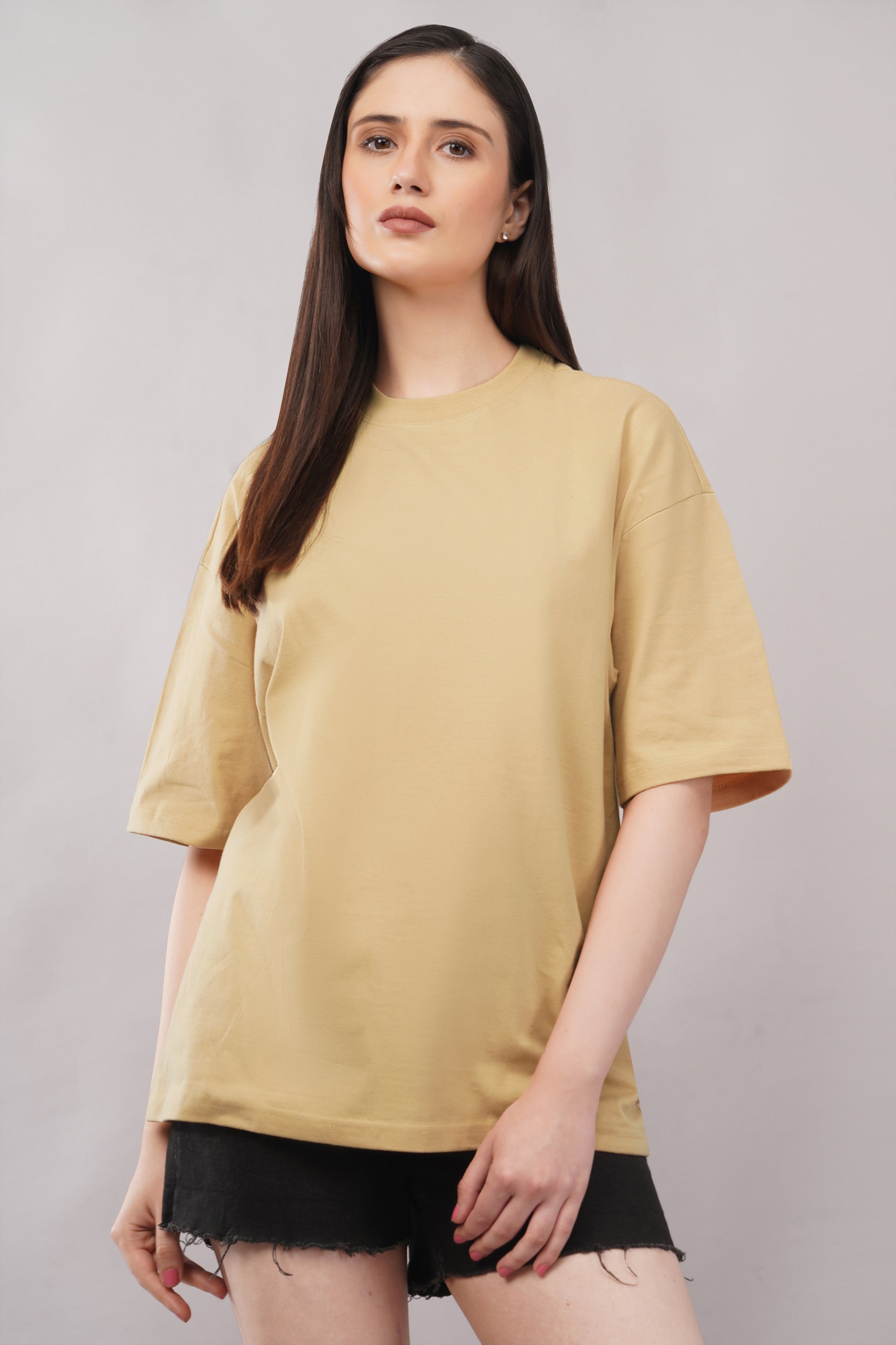Women's Beige Oversized Plain T-Shirt front view - Corcotton India