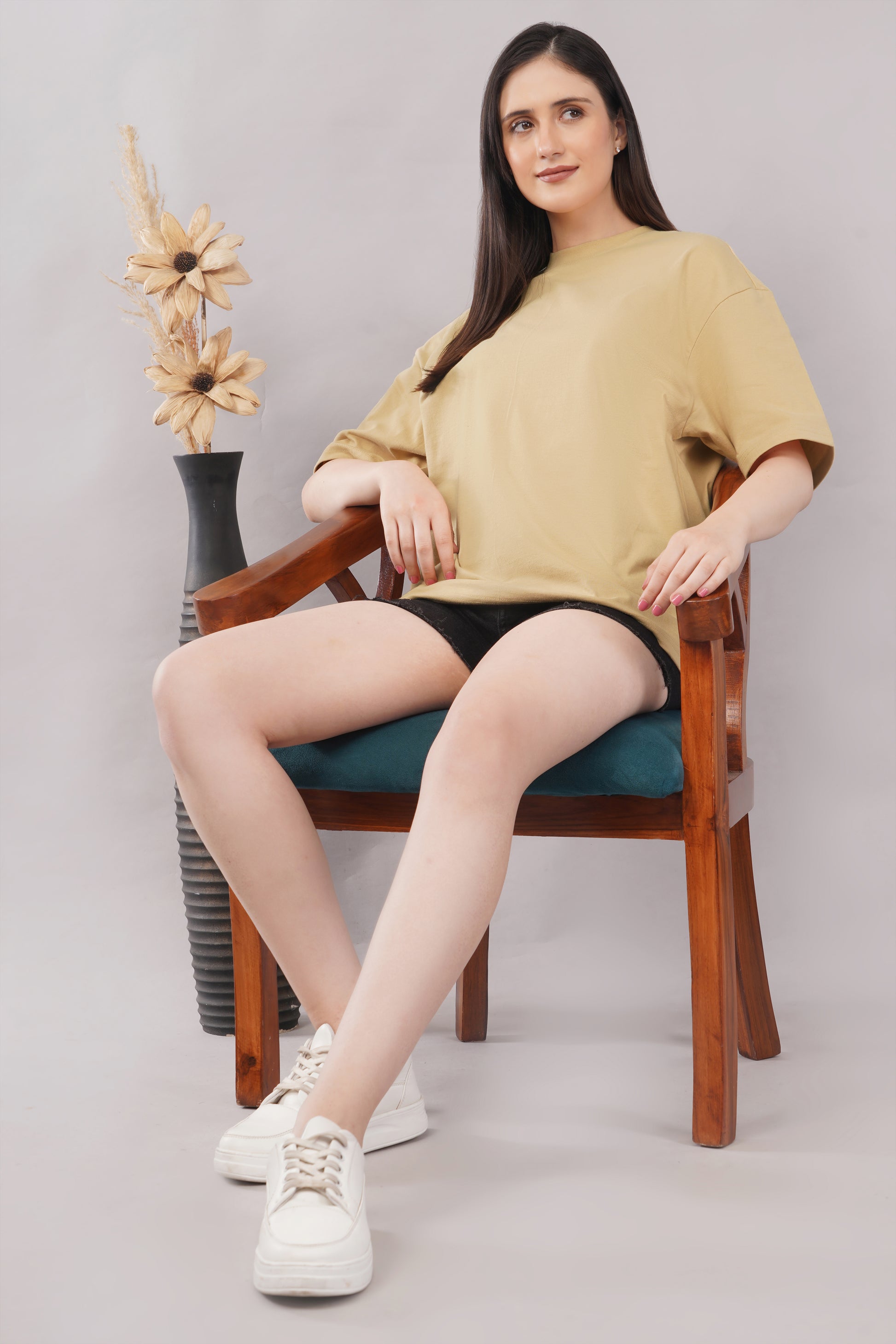 Women's Beige Oversized Plain Tee side view - Corcotton India