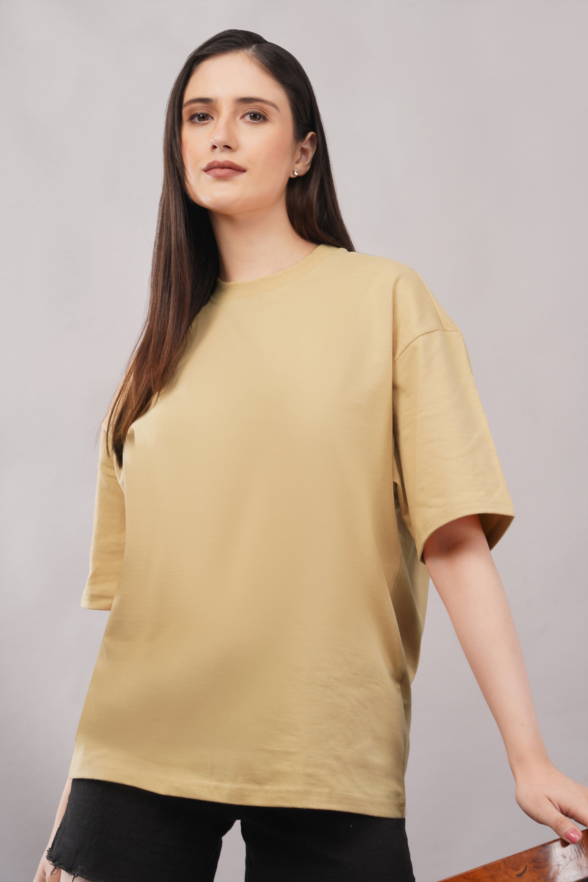 Women's Beige Oversized T-Shirt lifestyle - Corcotton India
