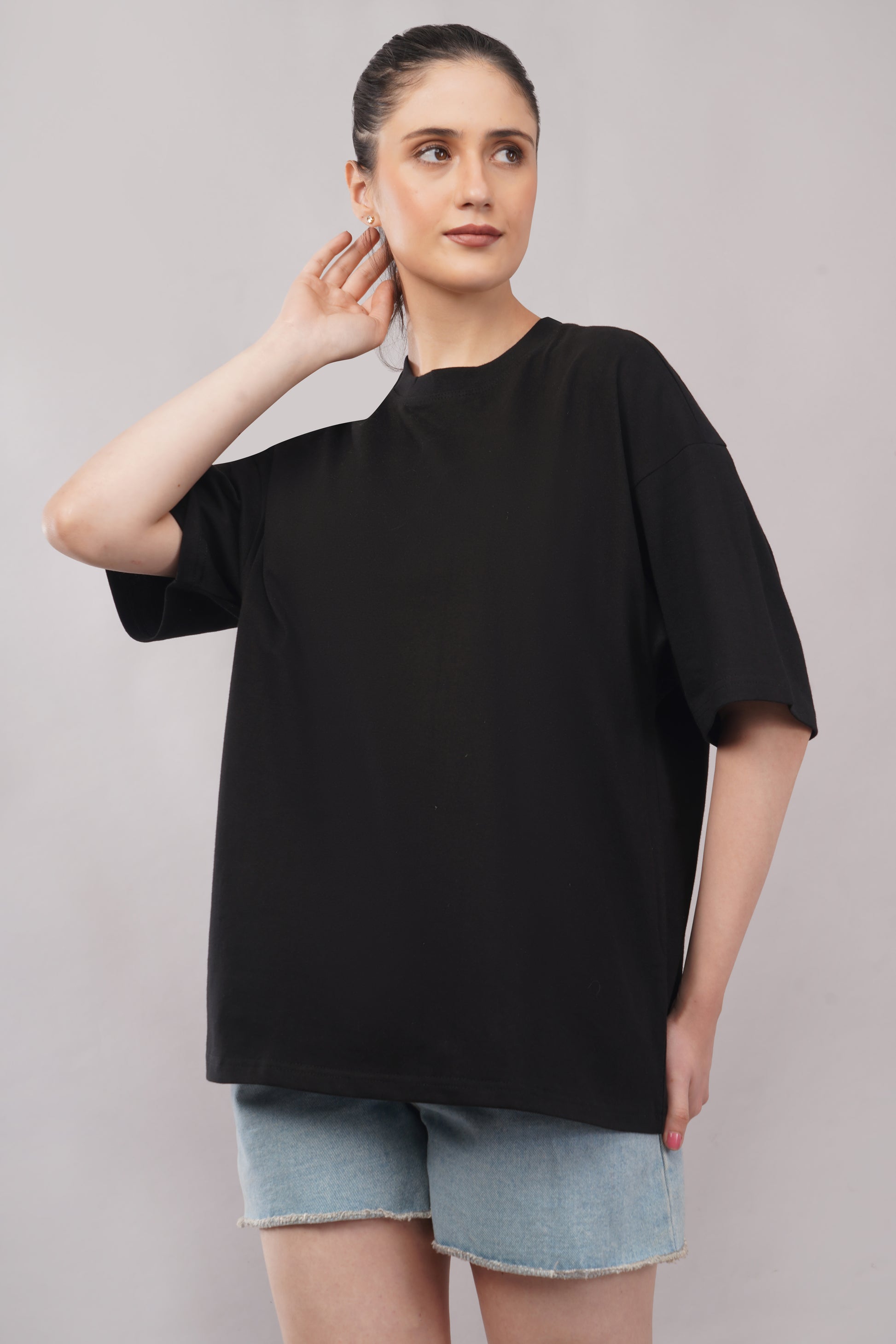 Women's Black Oversized T-Shirt side view - Corcotton India