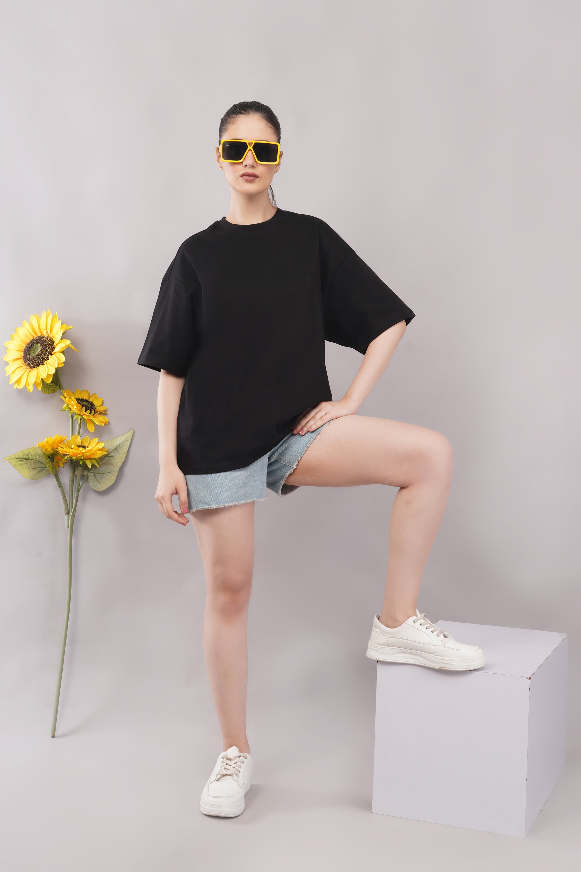 Women's Black Oversized Plain T-Shirt front view - Corcotton India