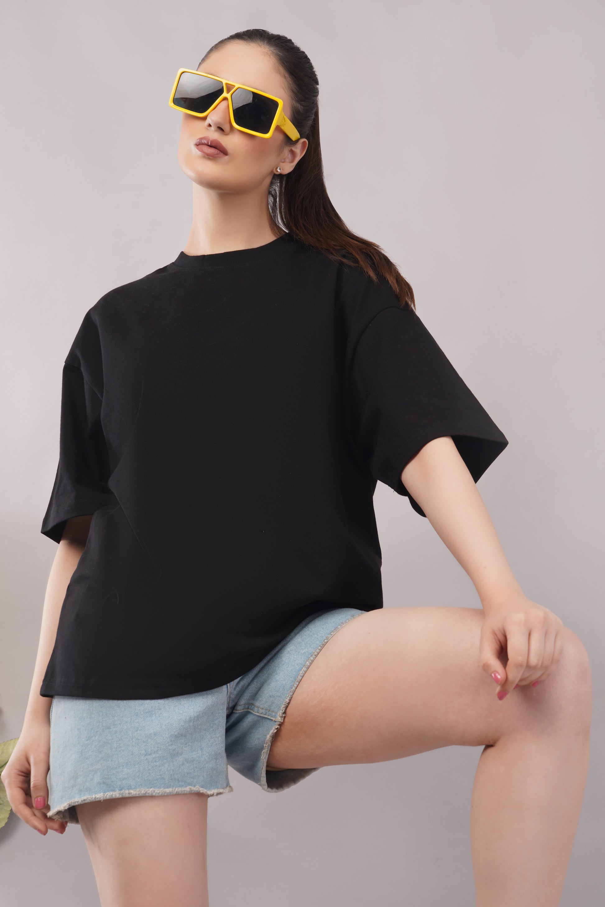 Women's Black Oversized T-Shirt lifestyle - Corcotton India