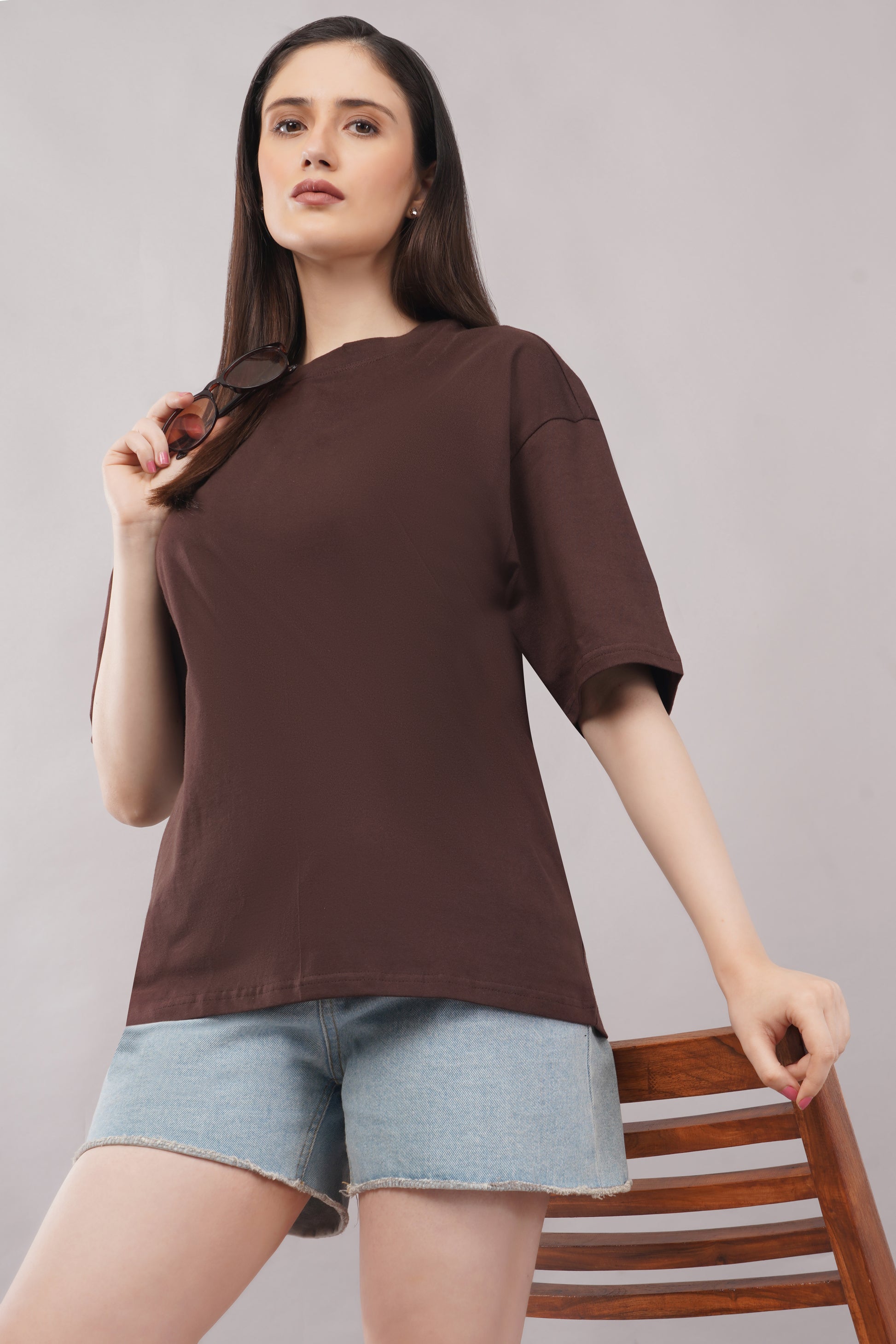 Women's Cocoa Brown Oversized T-Shirt side view - Corcotton India