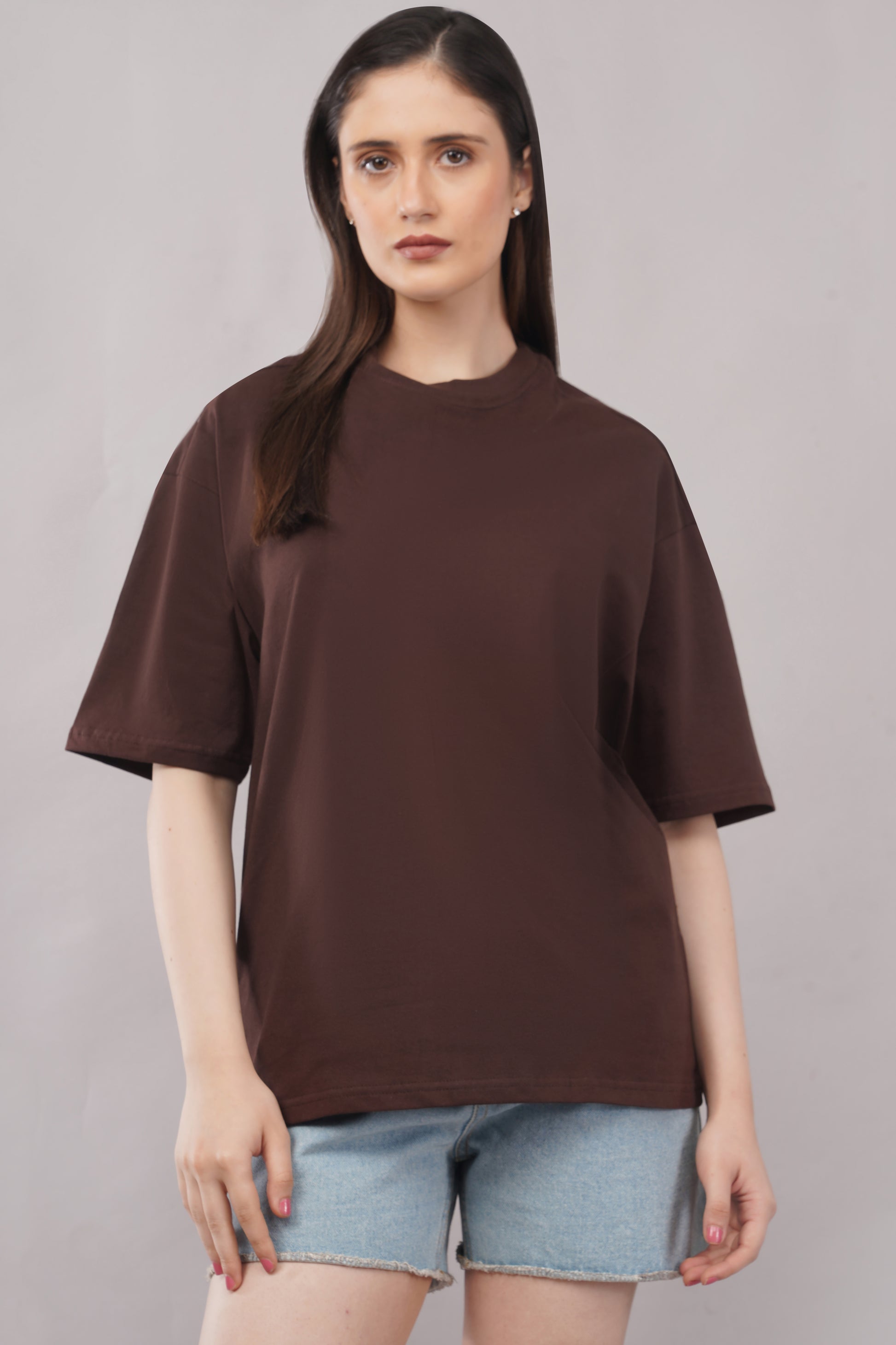 Women's Cocoa Brown Oversized T-Shirt front view - Corcotton India