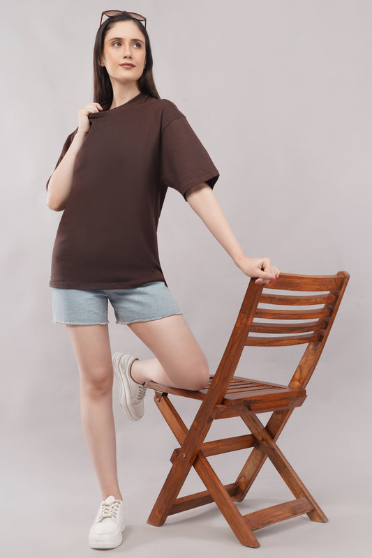 Women's Cocoa Brown Oversized Plain Tee full body - Corcotton India