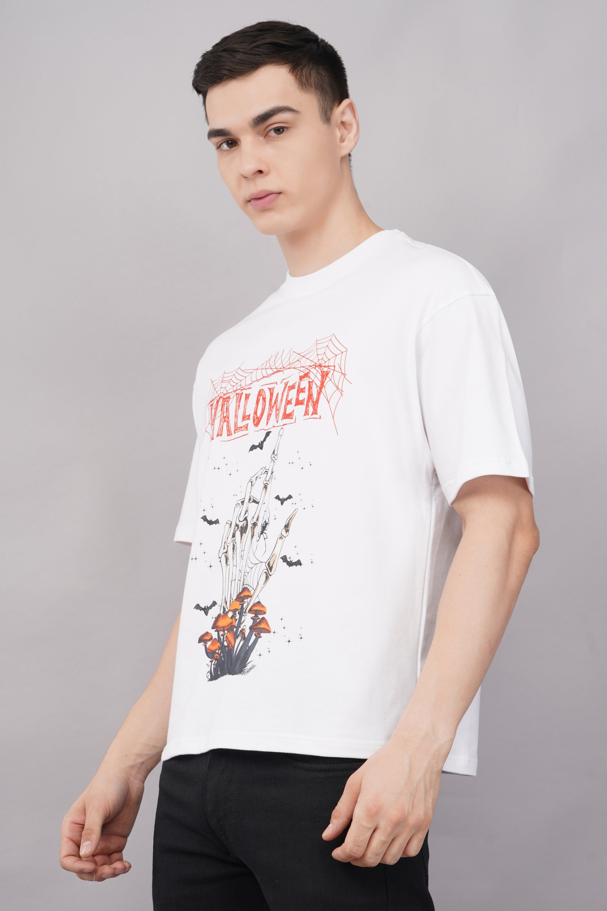 Premium Halloween Skeleton Oversized Graphic T-Shirt model shot - Corcotton India