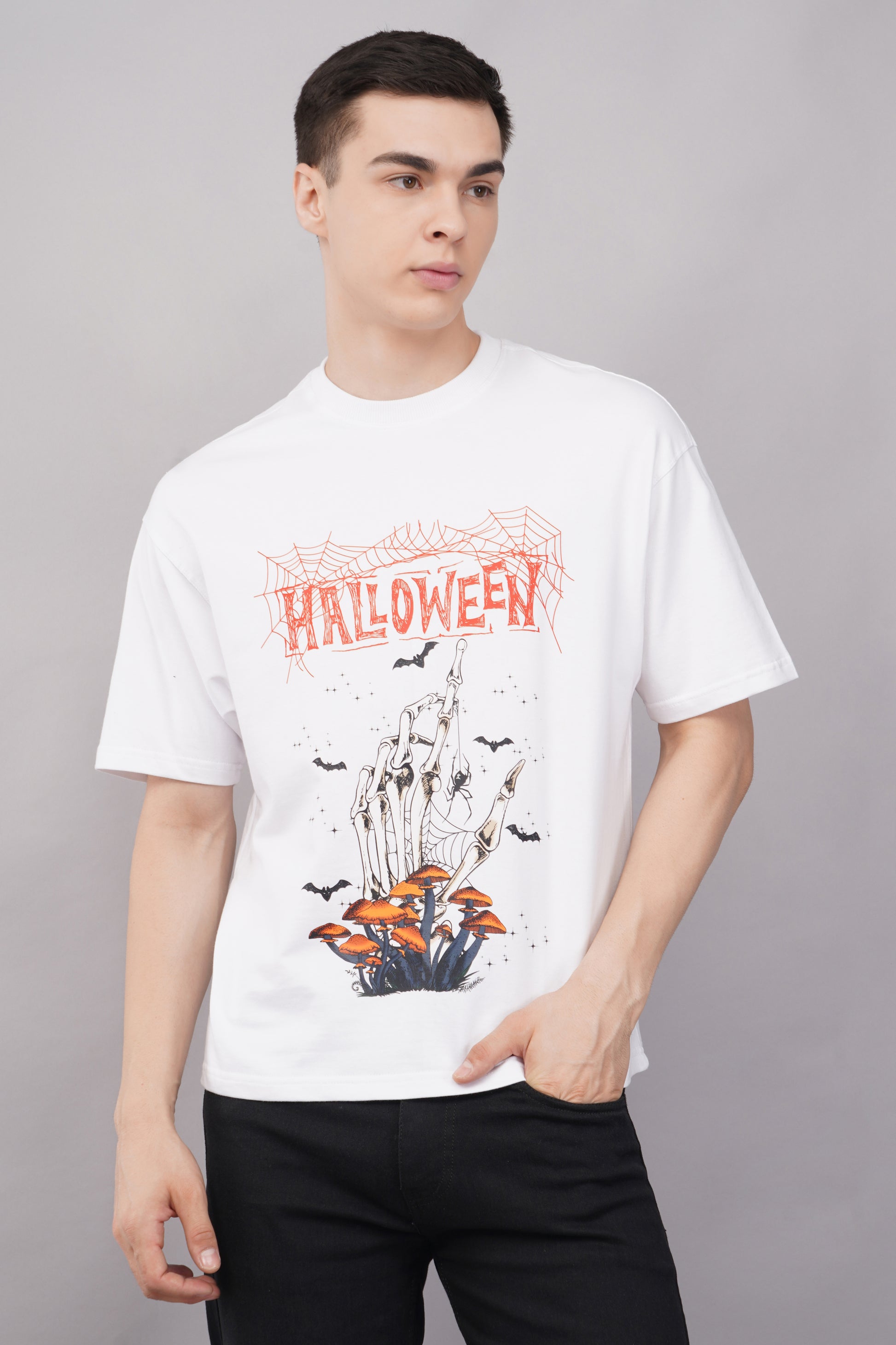 Halloween Skeleton Oversized Graphic T-Shirt lifestyle shot - Corcotton India