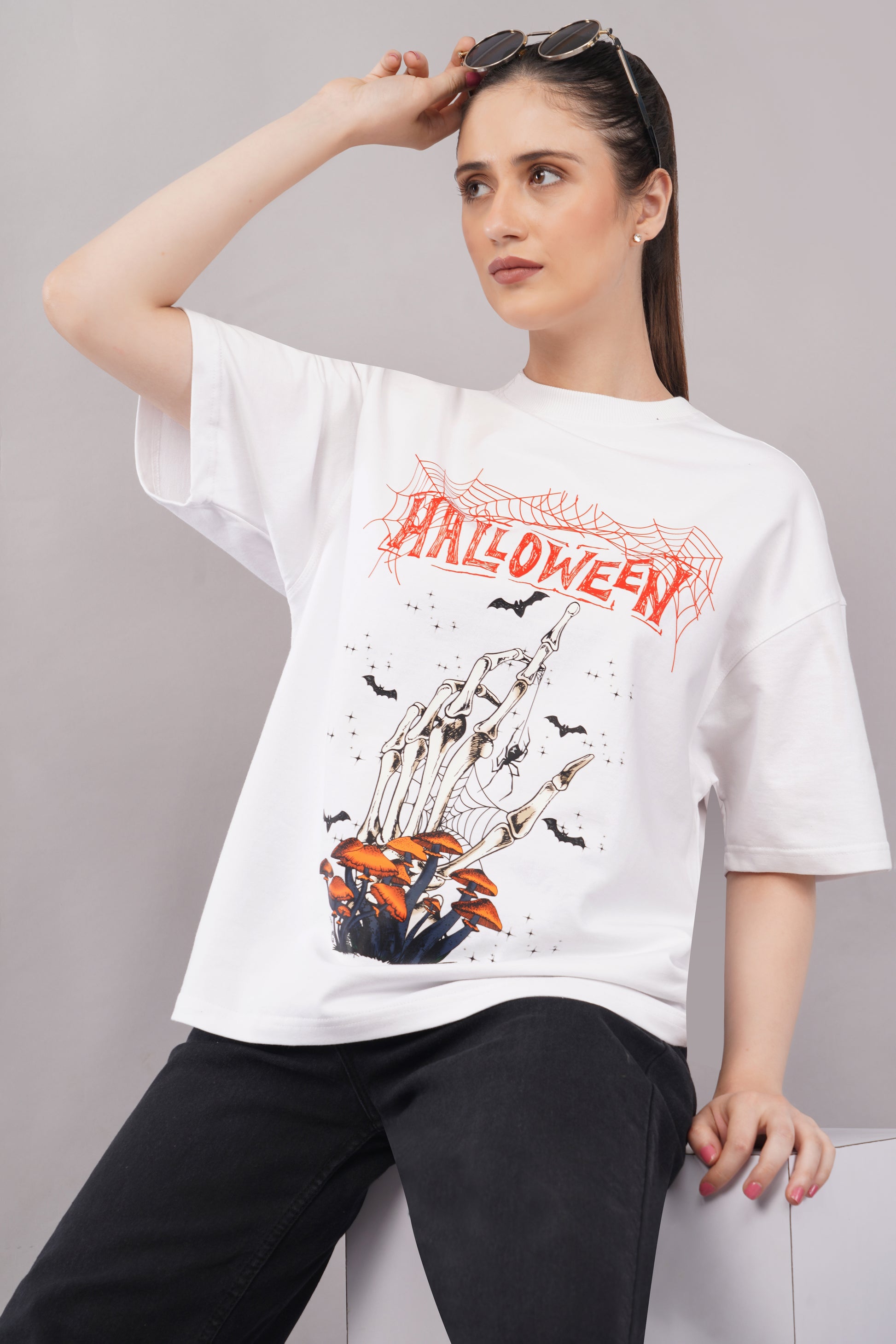 Halloween Skeleton Oversized Graphic T-Shirt closeup - Corcotton India