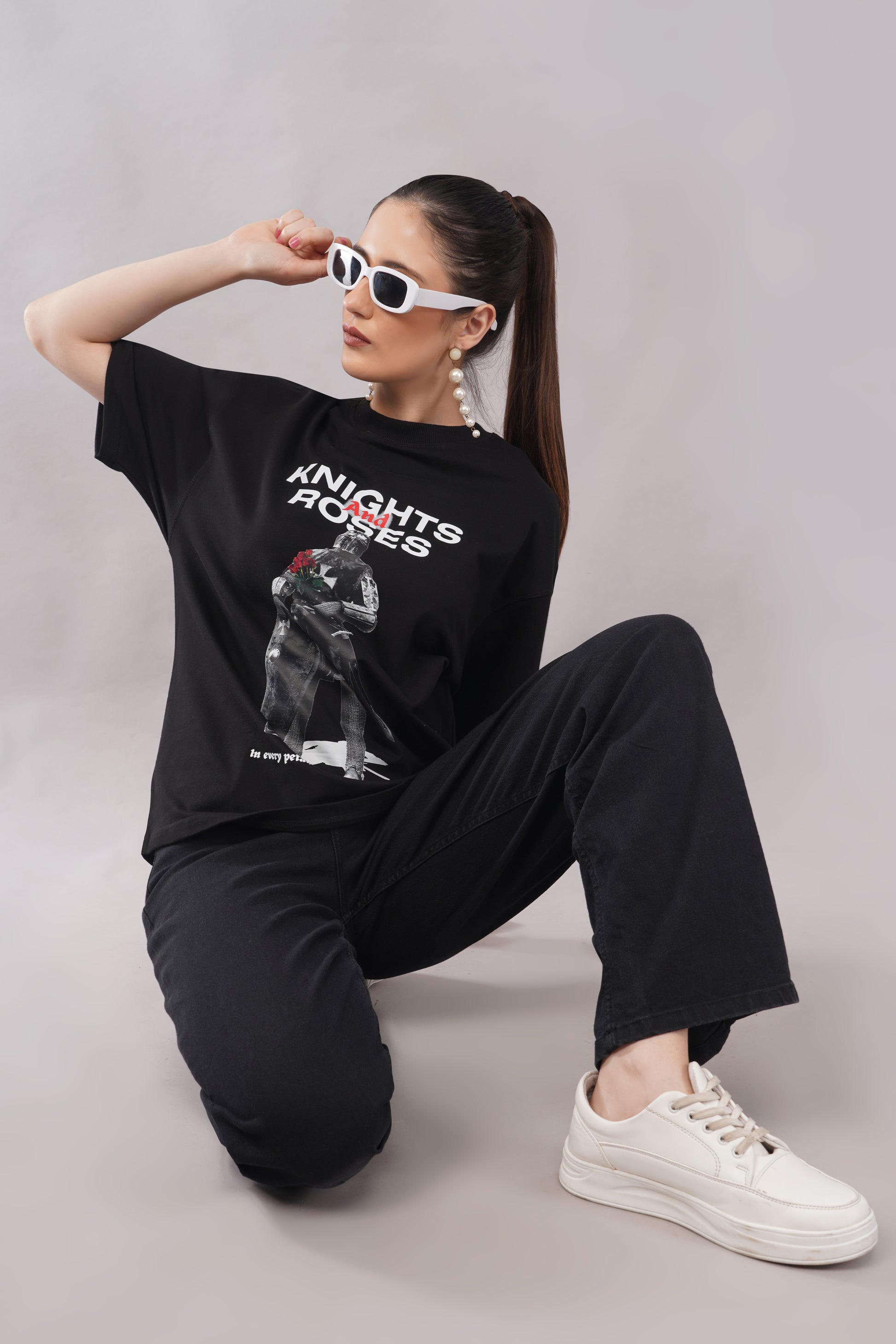 Knights and Roses Oversized T-Shirt side view - Corcotton India