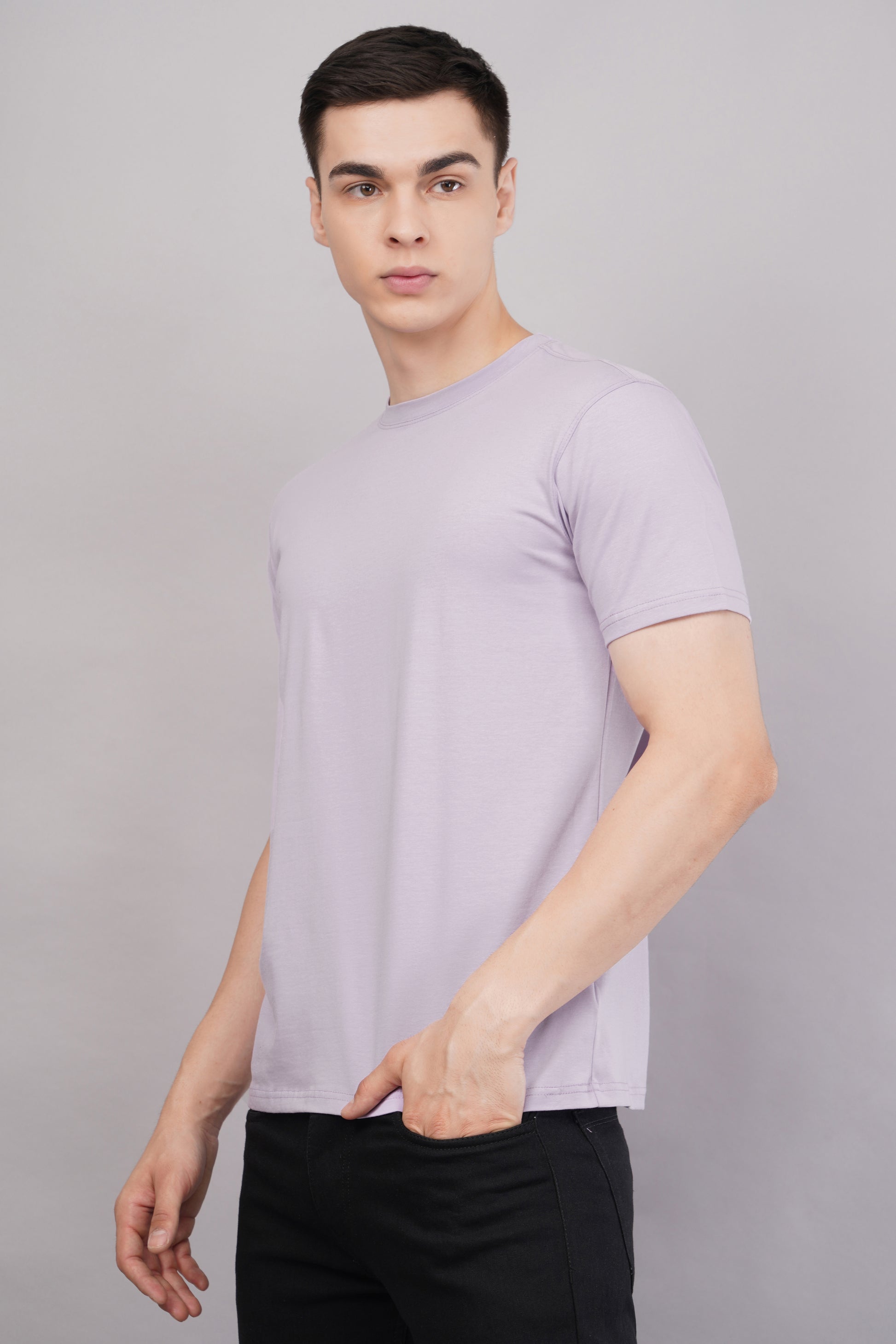 Lavender Regular Fit Tshirt chair pose - Corcotton India