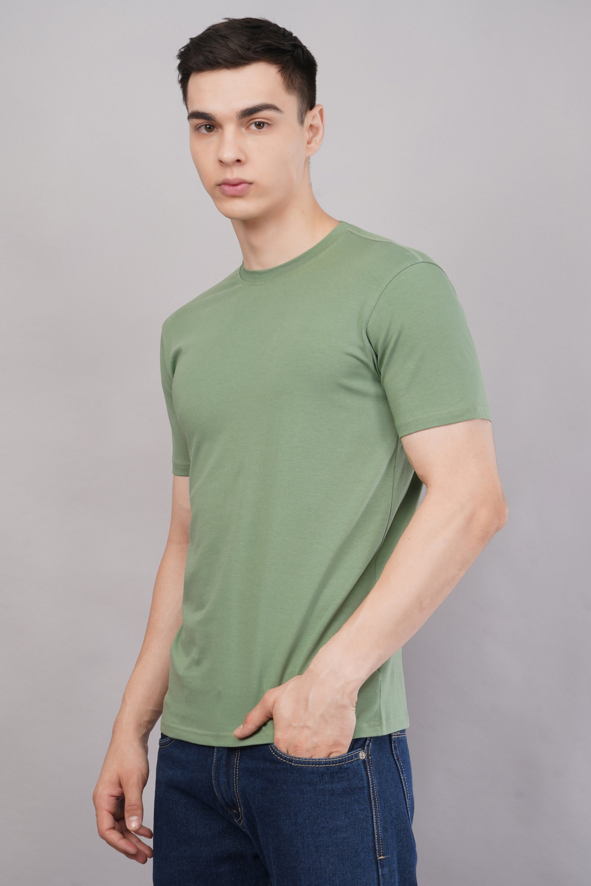 Olive Green Regular Fit T-Shirt side view - Corcotton India