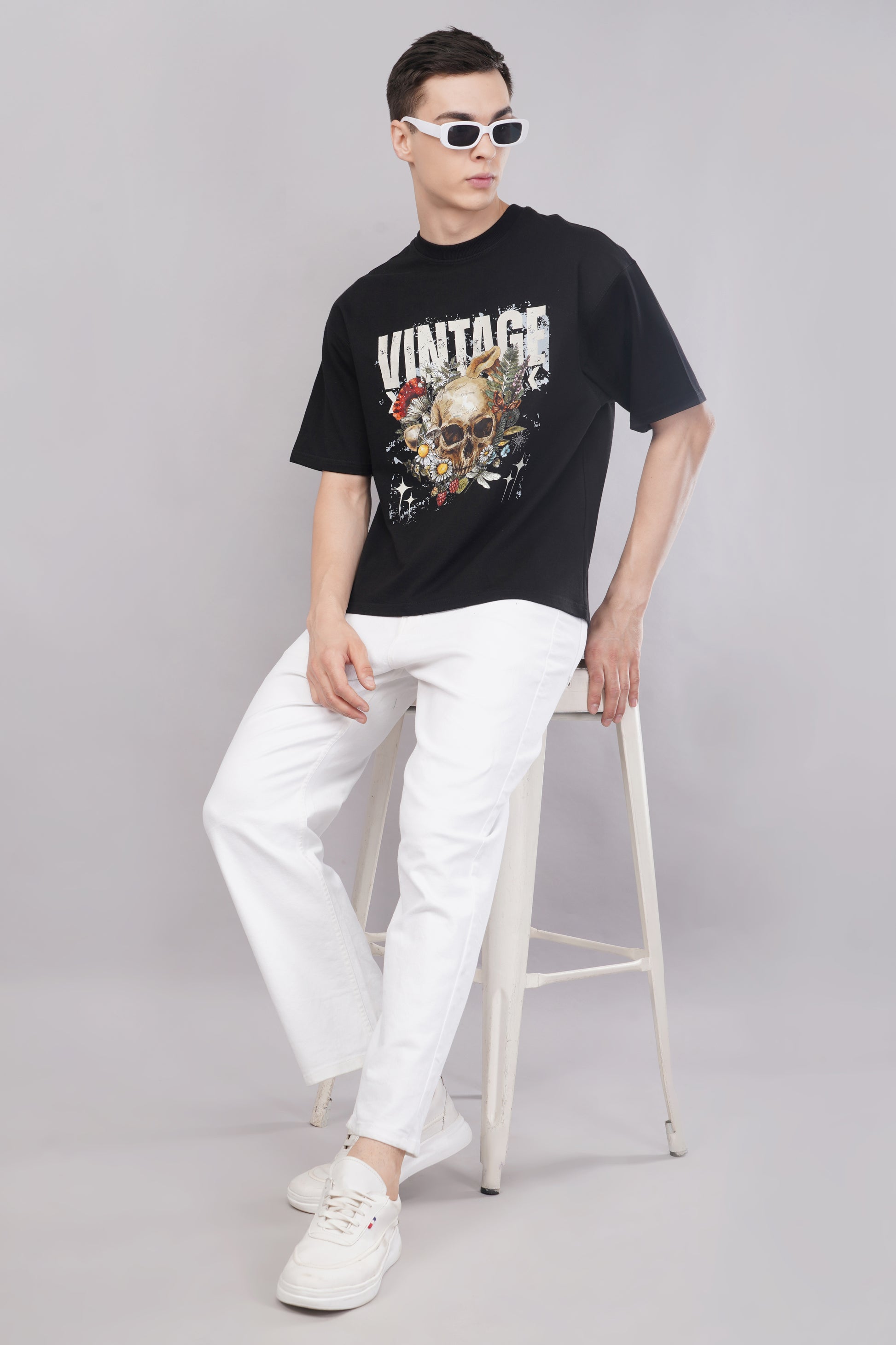 Unisex Vintage Skull Oversized Graphic T-Shirt full body look - Corcotton India